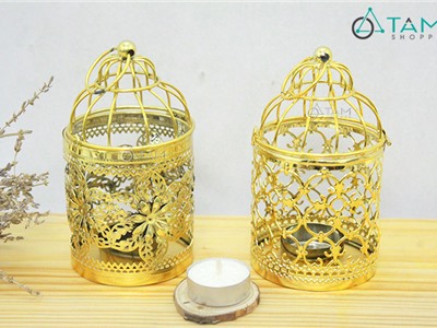 Chân nến lồng chim sắt cổ điển mini ánh kim vàng số 17